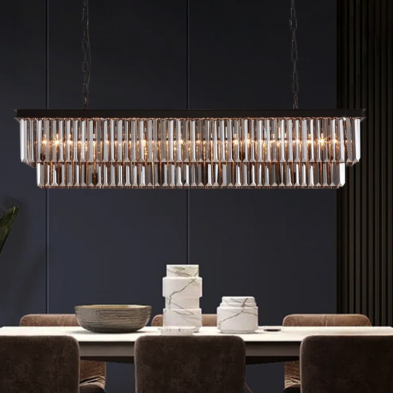 Lustre contemporain en cristal gris fumé et noir de 47 po, luminaire suspendu linéaire à deux niveaux pour îlot de cuisine et salle à manger