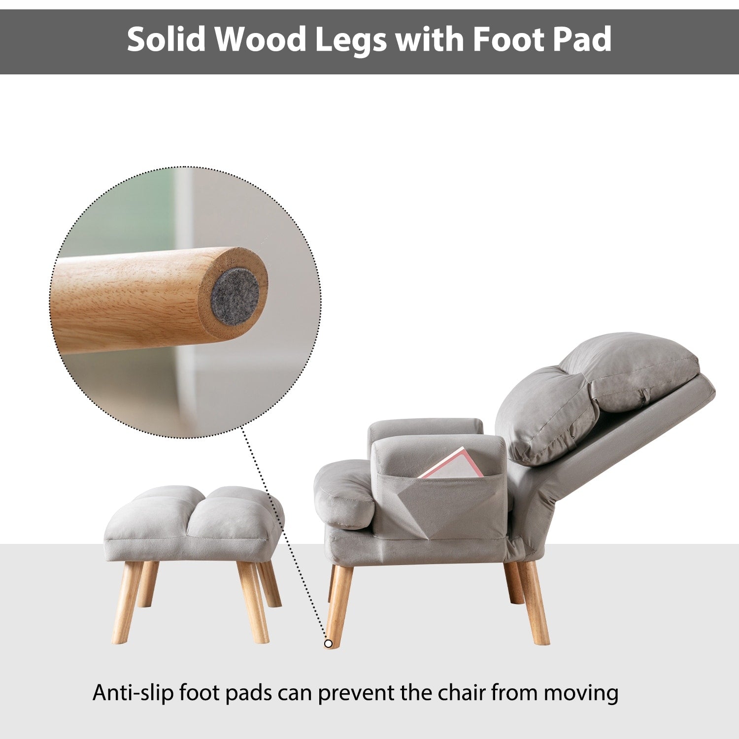 Fauteuil de salon décontracté en tissu doux avec dossier et pieds réglables