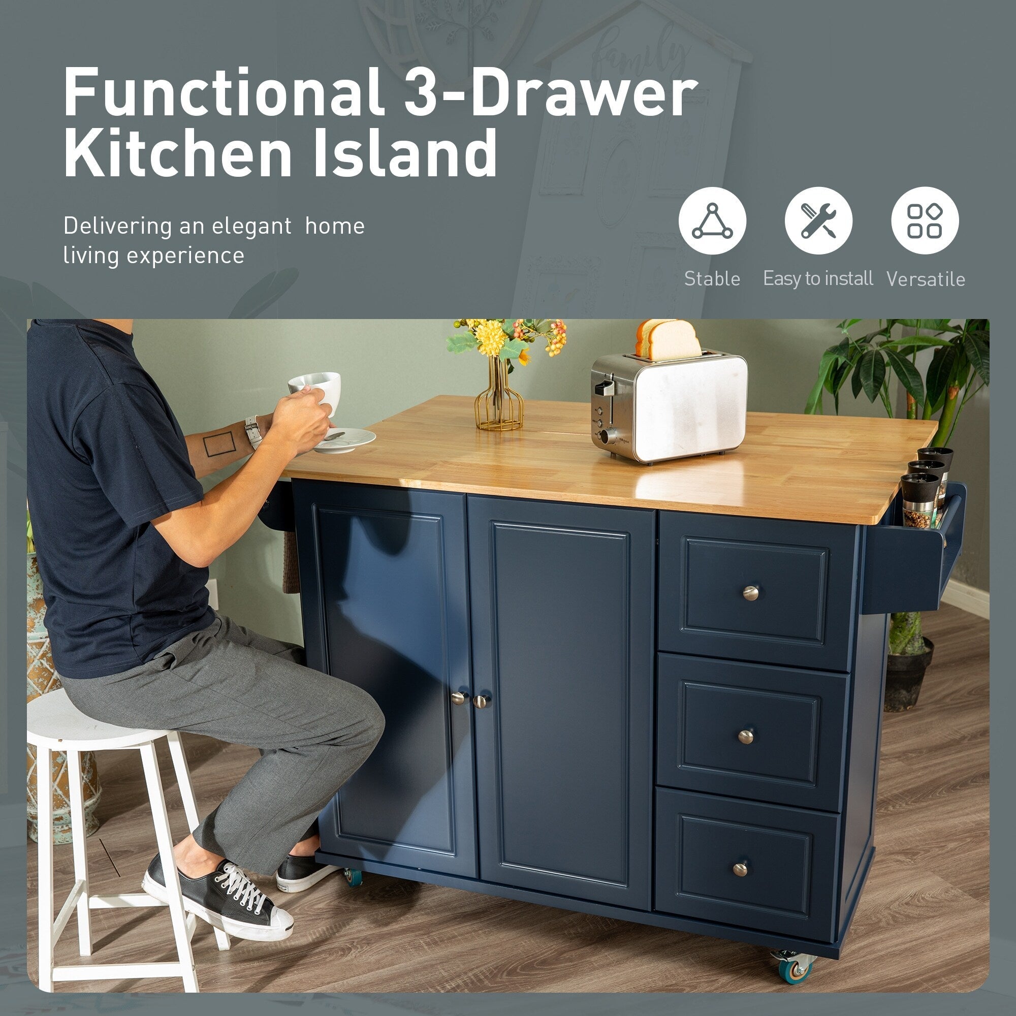 Desserte de cuisine Sophia &amp; William avec abattant et plateau en bois d'hévéa, desserte de cuisine roulante avec grand meuble de rangement