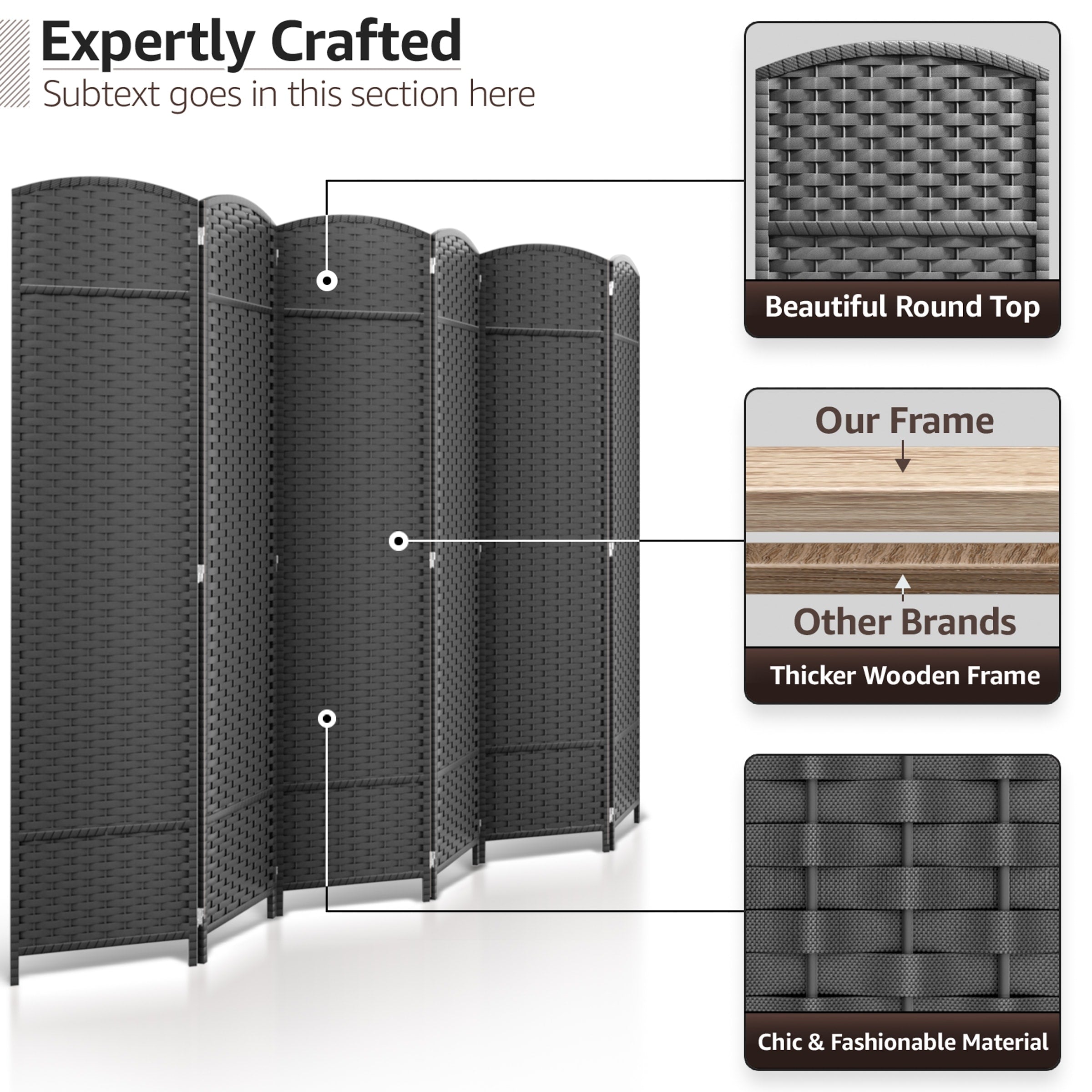 Séparateur de pièce Sorbus à 6 panneaux, cloison de séparation extra large et pliable, tissé à la main, à double charnière, en maille - 1,8 m