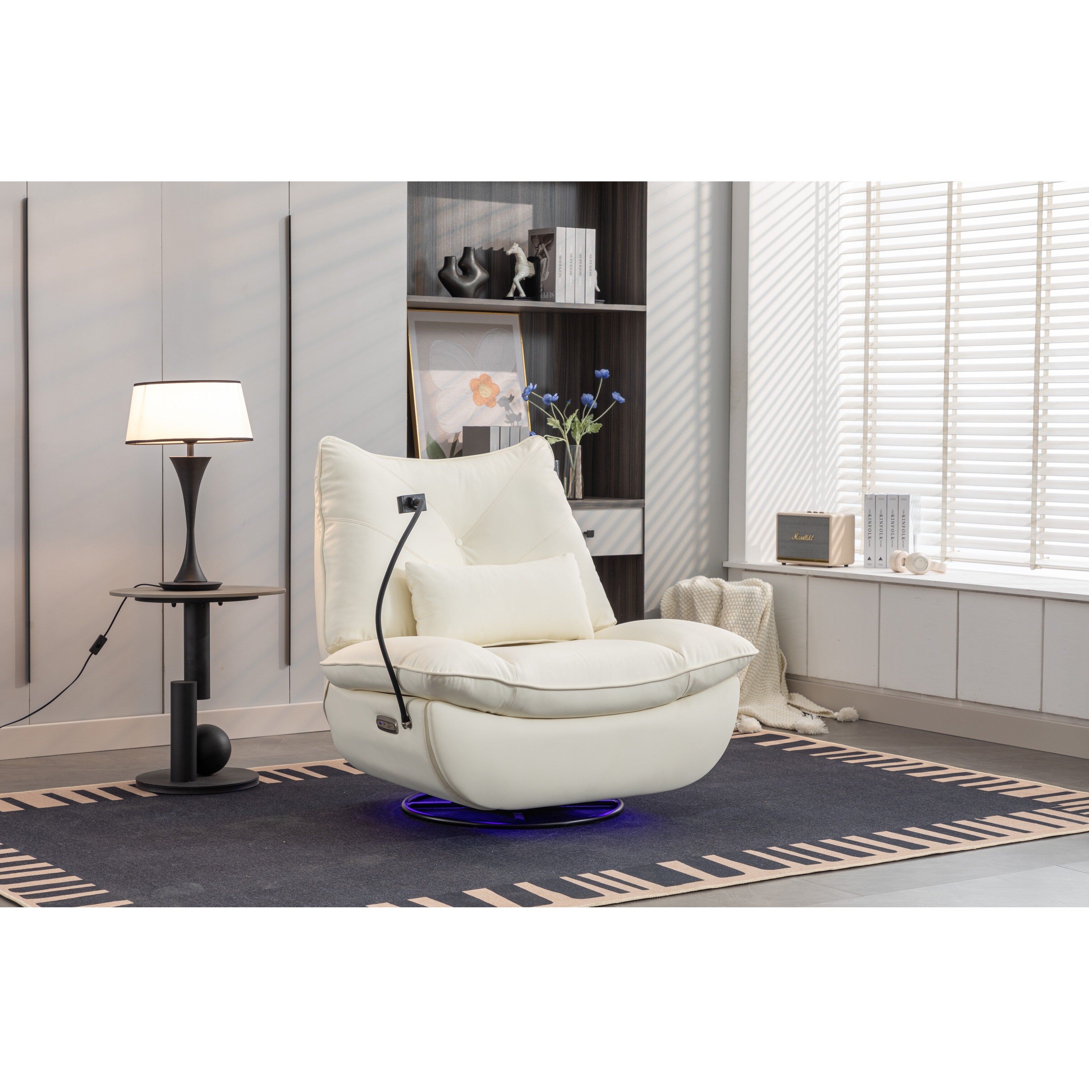 Fauteuil inclinable pivotant et électrique avec haut-parleurs Bluetooth, support de téléphone, ports de chargement USB et Type-C, rangement dissimulé des accoudoirs