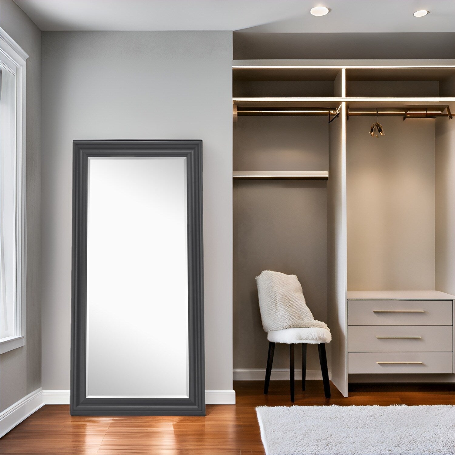 Grand miroir sur toute la surface, miroir surdimensionné, cadre en imitation bois lisse, miroir rectangulaire à suspendre au mur