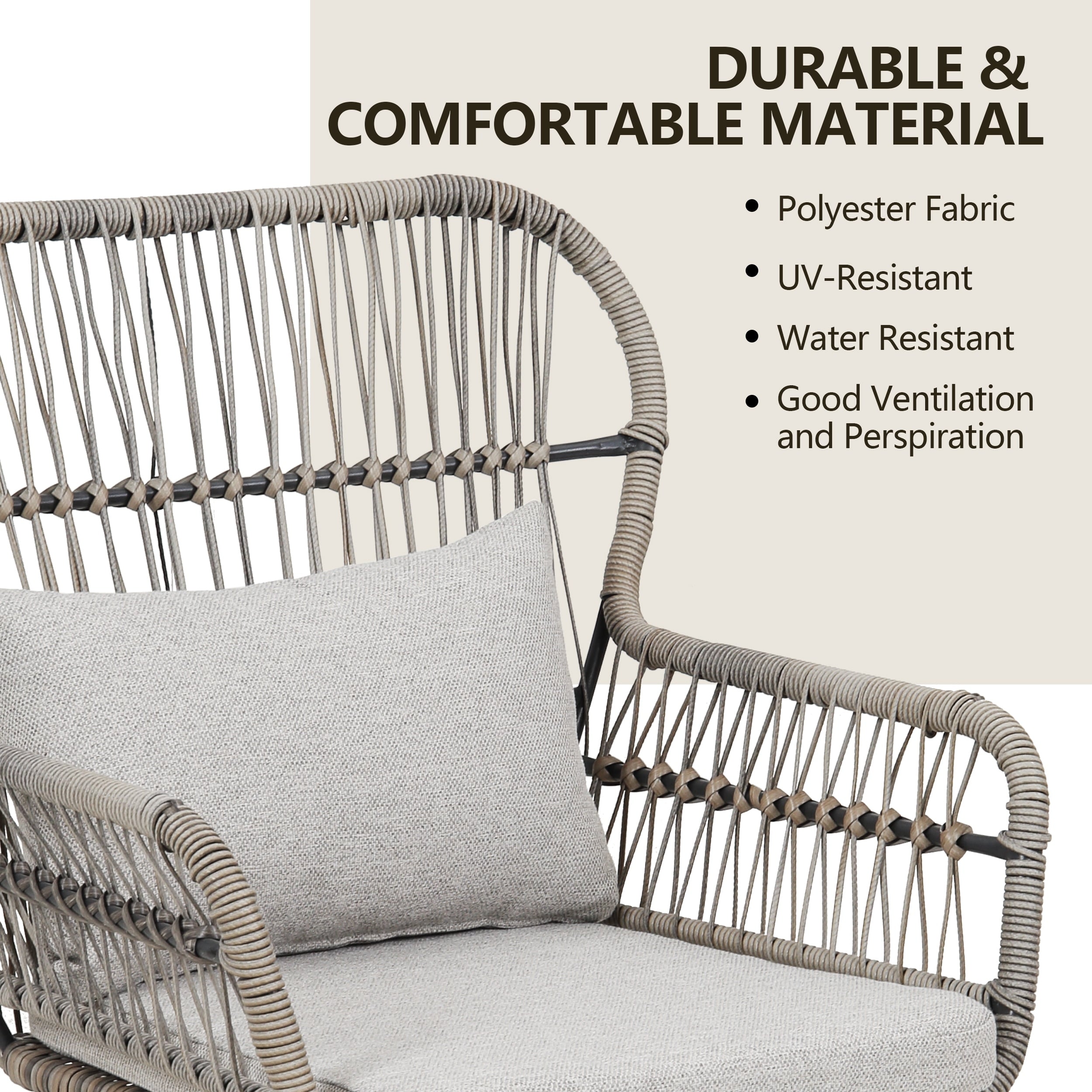 Ensemble de bistrot d'extérieur 3 pièces en osier, mobilier de jardin en rotin toutes saisons, chaises de patio avec coussins