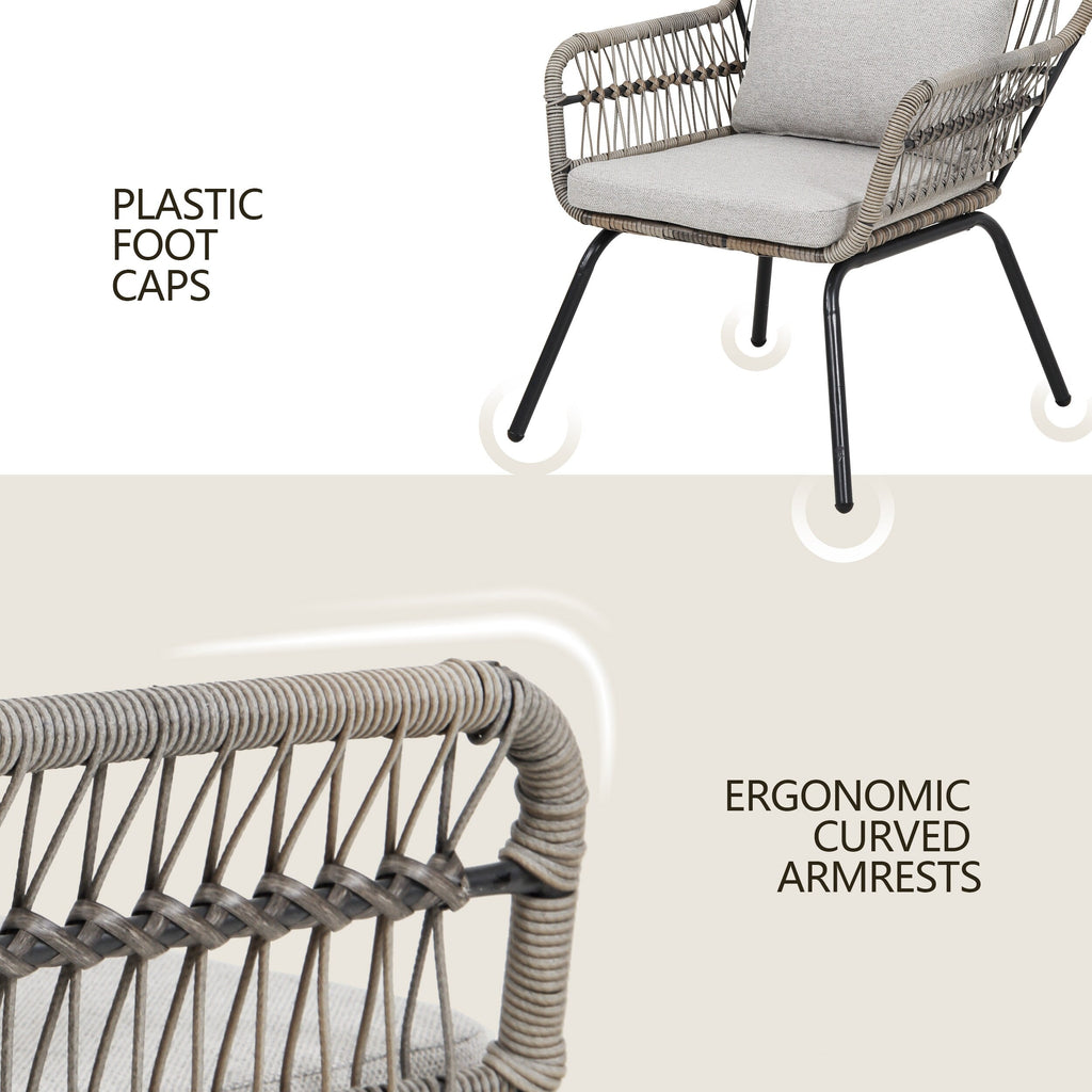 Ensemble de bistrot d'extérieur 3 pièces en osier, mobilier de jardin en rotin toutes saisons, chaises de patio avec coussins