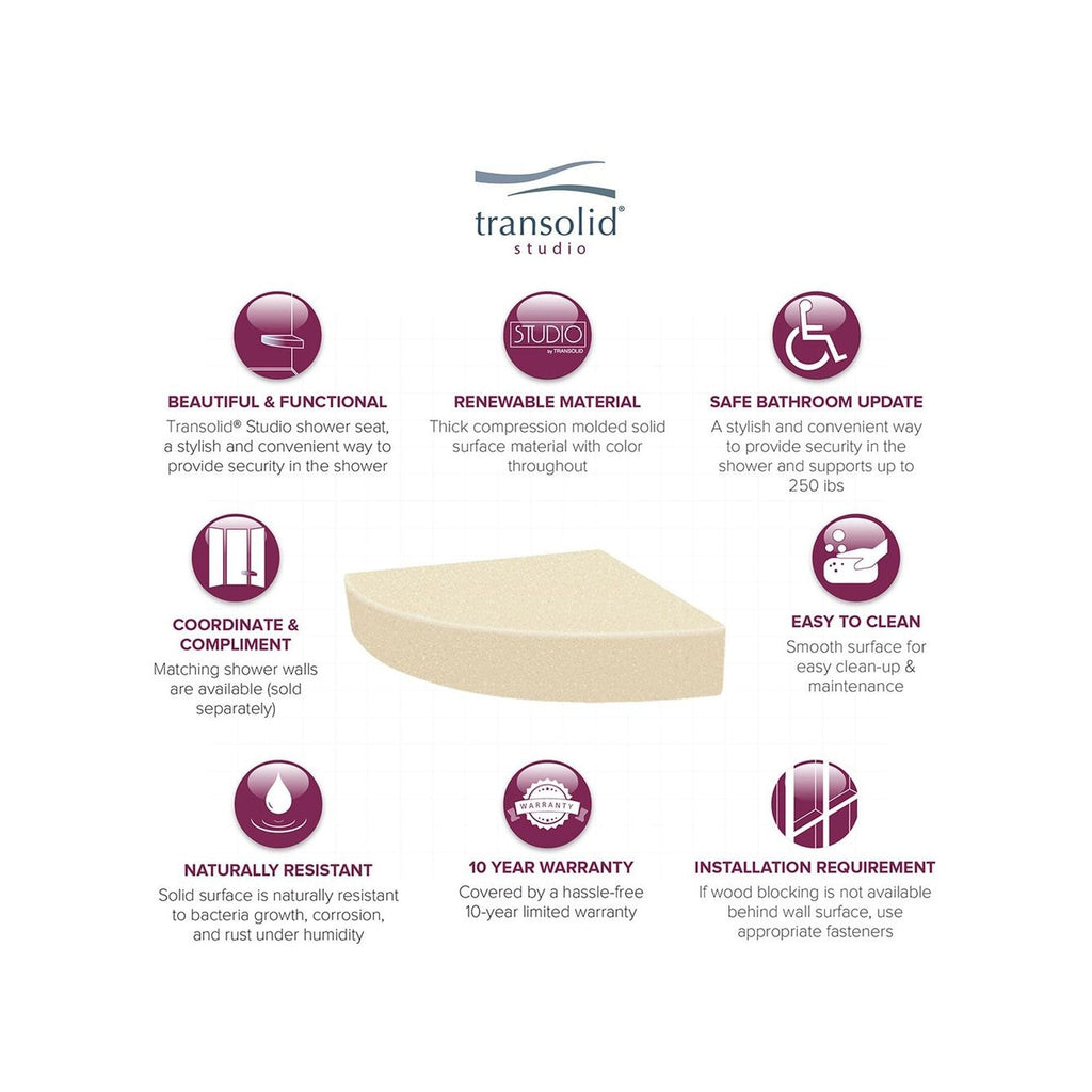 Siège de douche d'angle mural en surface solide Transolid Studio 14 po x 14 po - 14,5 x 14,25 x 3