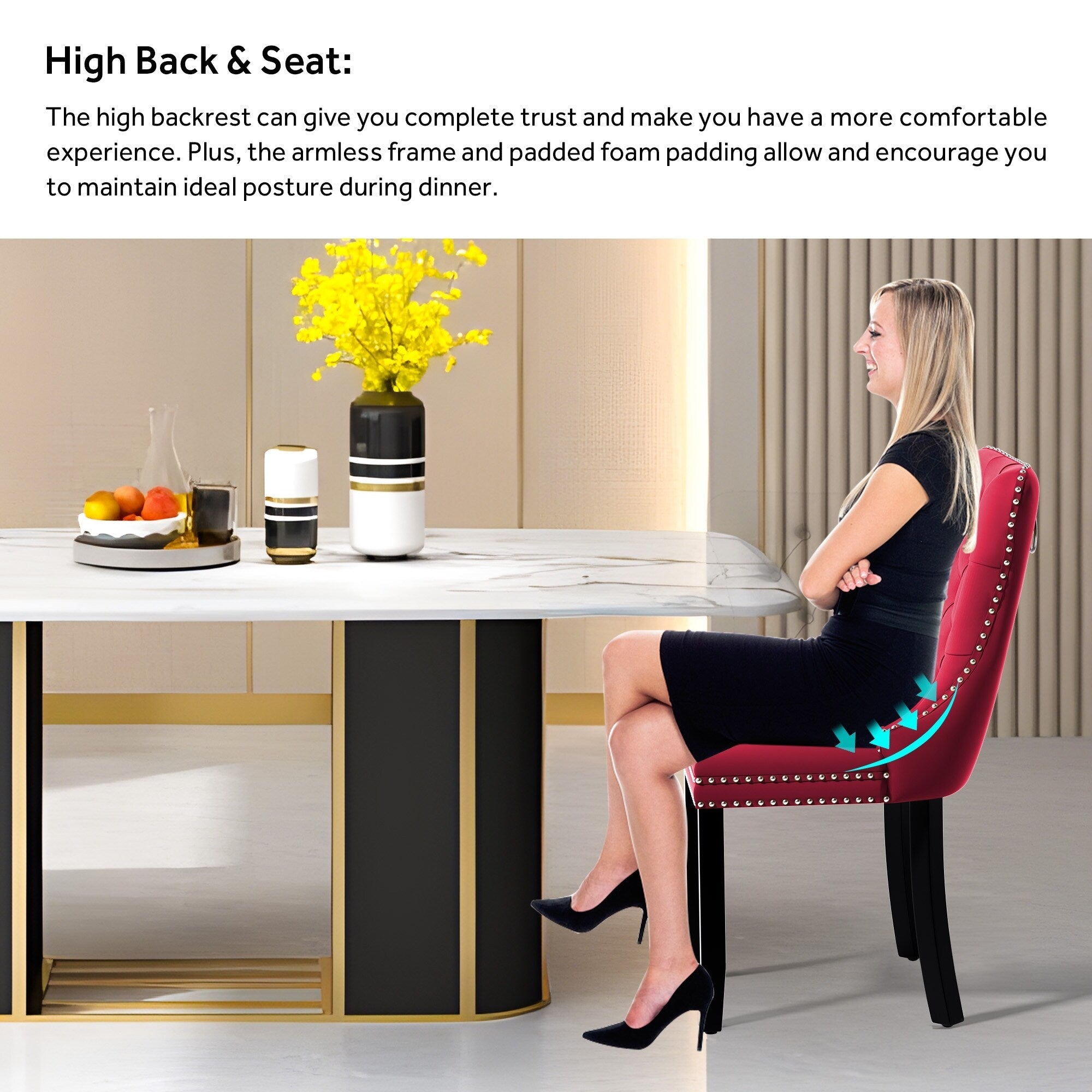 Chaise de salle à manger capitonnée en velours avec pieds en bois massif, lot de 6