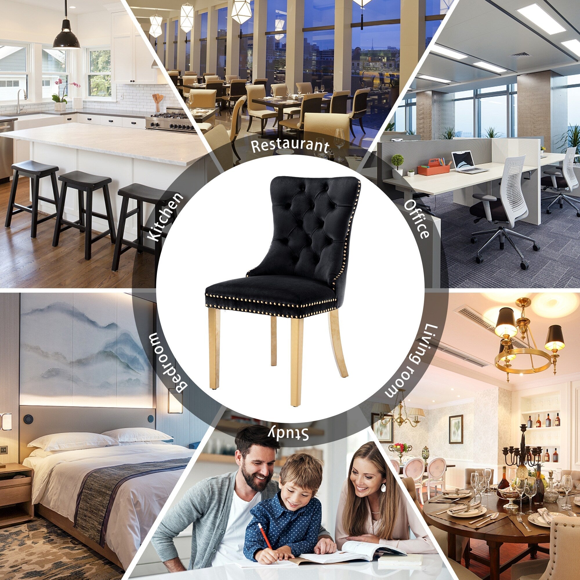 Chaise de salle à manger capitonnée en velours avec pieds en bois massif, lot de 6