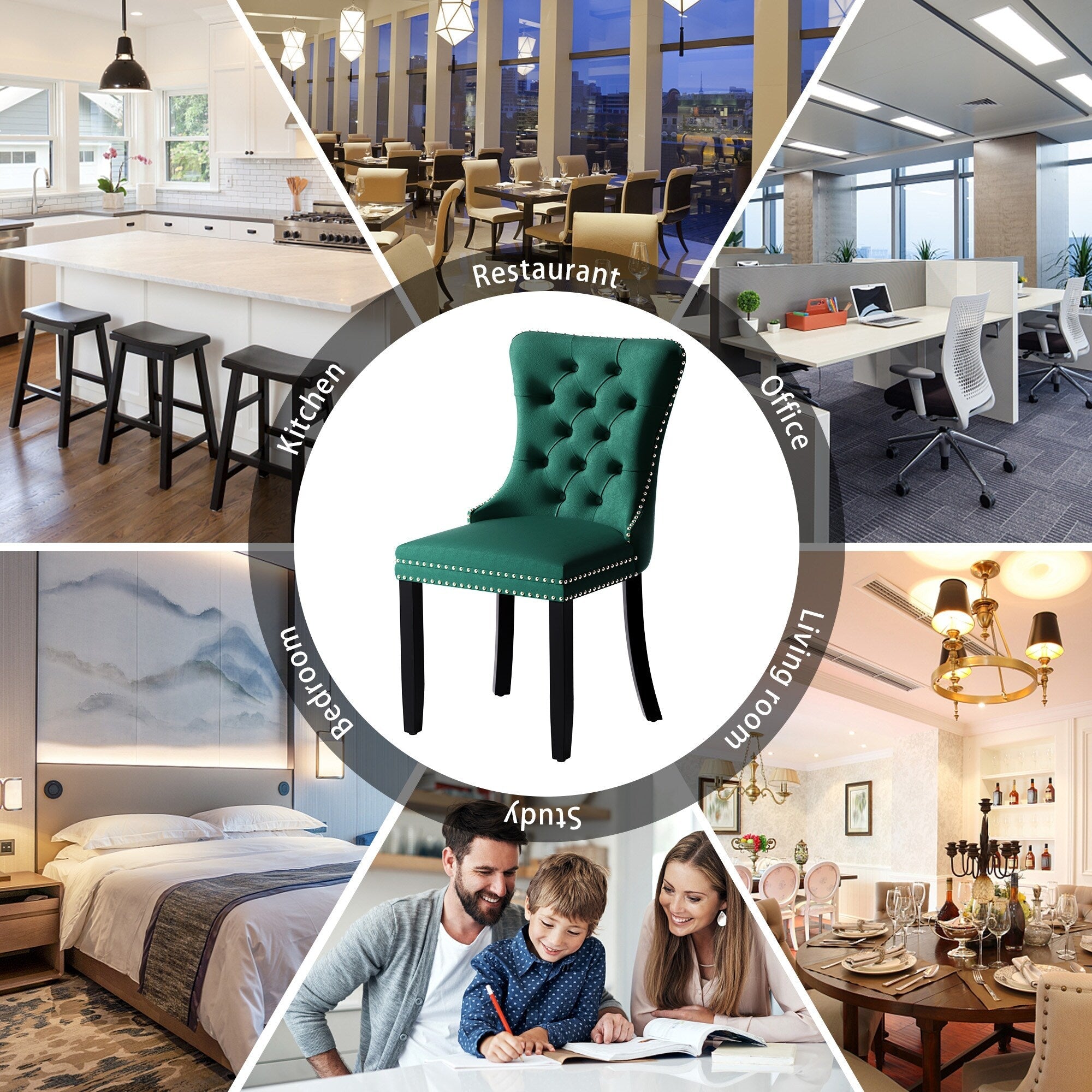 Chaise de salle à manger capitonnée en velours avec pieds en bois massif, lot de 6