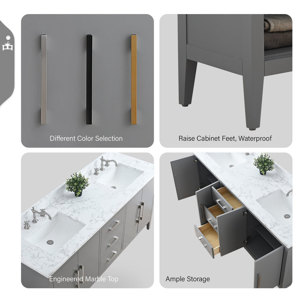 Meuble-lavabo double vasque Vanity Art 72 avec plateau en marbre reconstitué