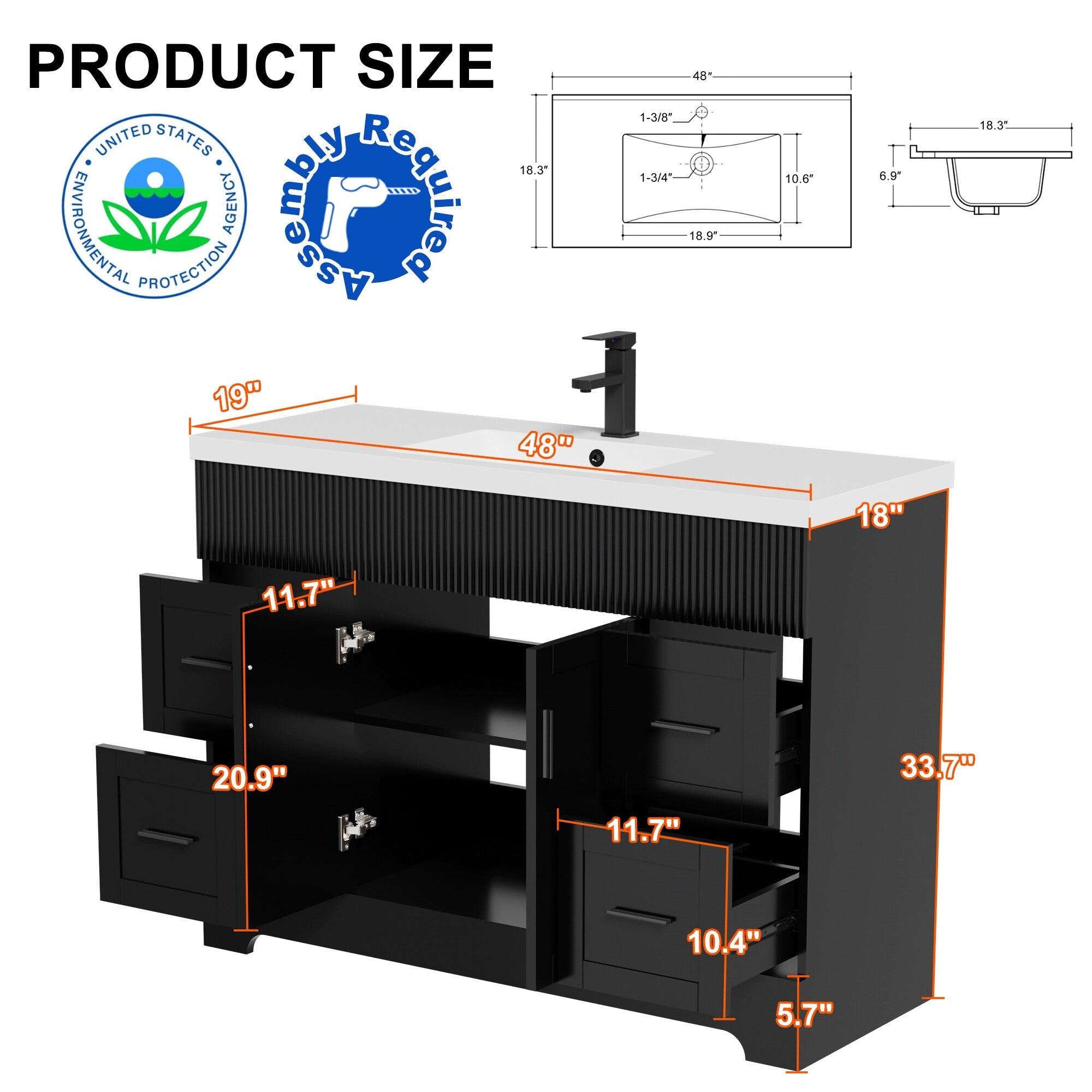 Ensemble de meuble-lavabo Wavy Line 30/36/48 avec lavabo et robinet