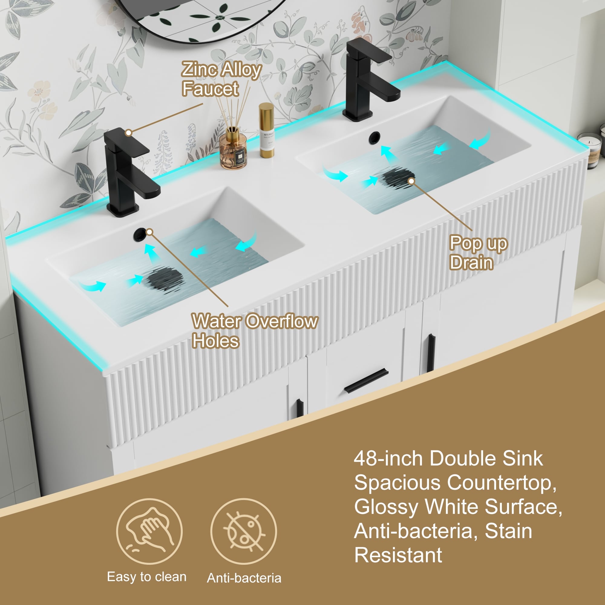 Ensemble de meuble-lavabo Wavy Line 30/36/48 avec lavabo et robinet