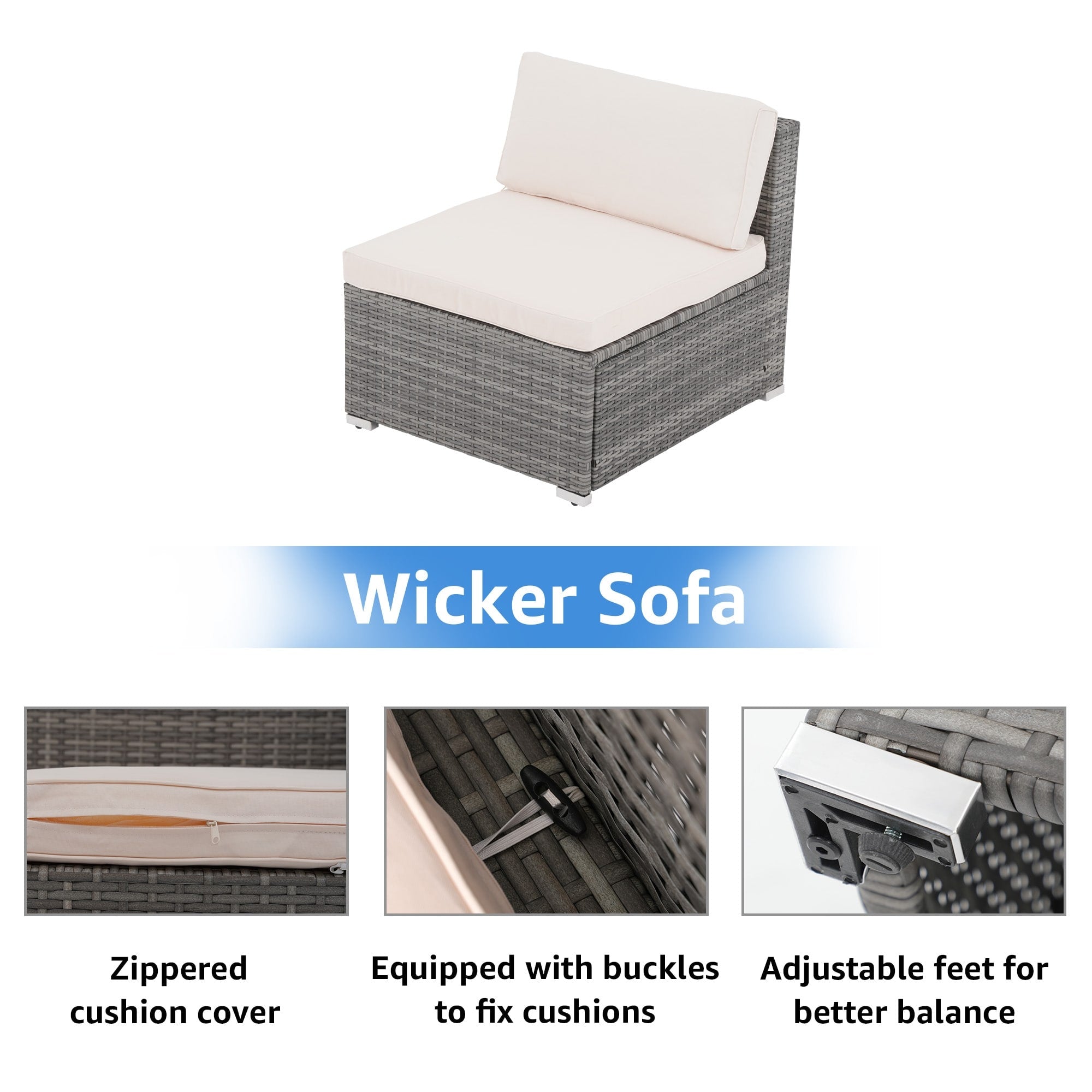 Ensemble de canapés d'extérieur sectionnels rembourrés en osier et acier, 7 pièces