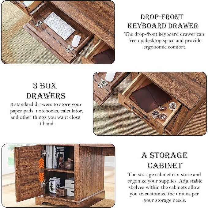 Bureau exécutif Farmhouse 60, bureau en bois pour la maison, bureau d'ordinateur