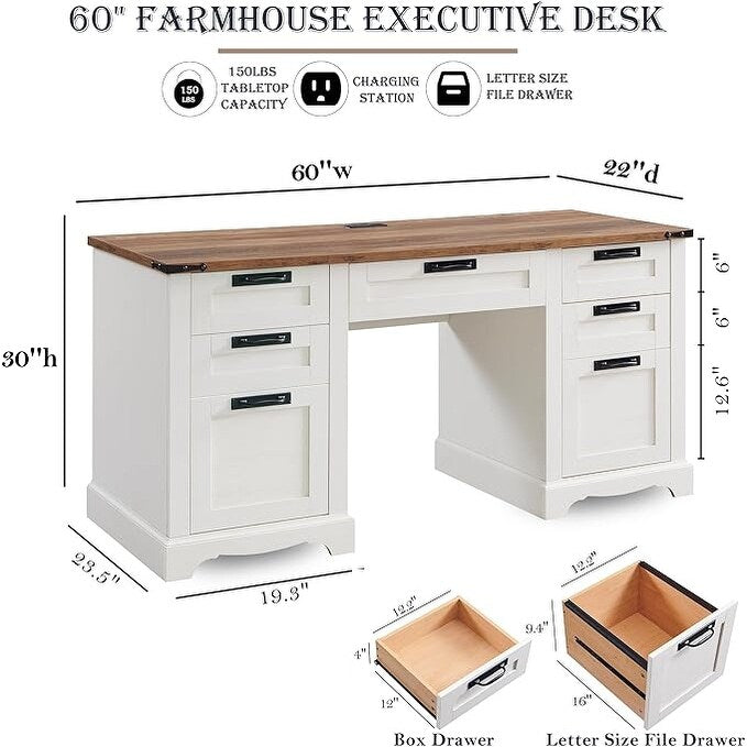 Bureau exécutif Farmhouse 60, bureau en bois pour la maison, bureau d'ordinateur