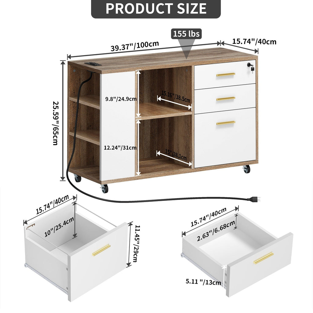 Classeur latéral mobile en bois avec station de charge verrouillable, compatible avec les dossiers de format A4, Lettre et Légal